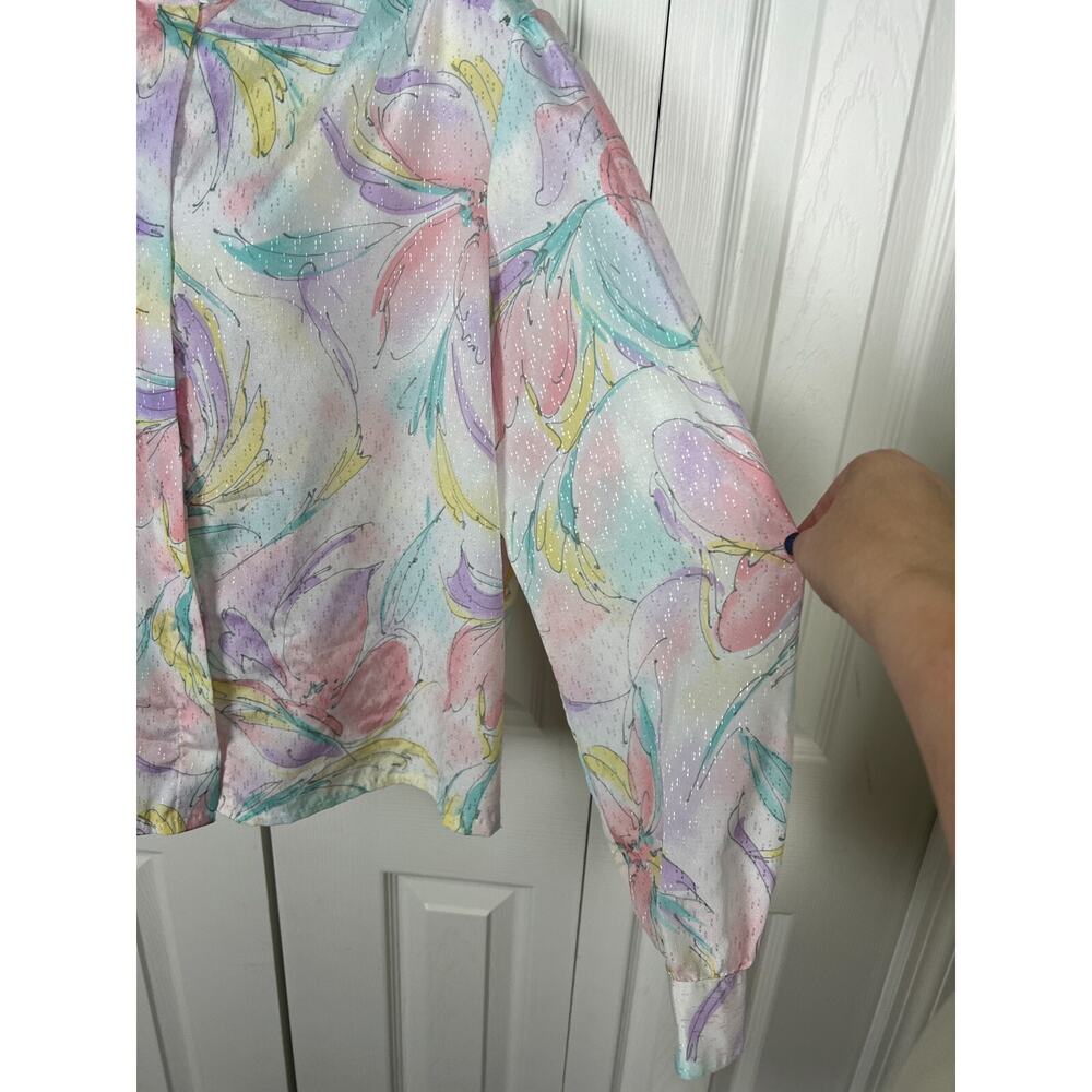 Vintage 70s White Watercolor Floral Pastel Metallic Secretary Blouse Size Large‎ - Picture 9 of 10